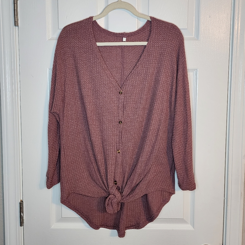 EUC soft mauve pink waffle knit tie front top size large